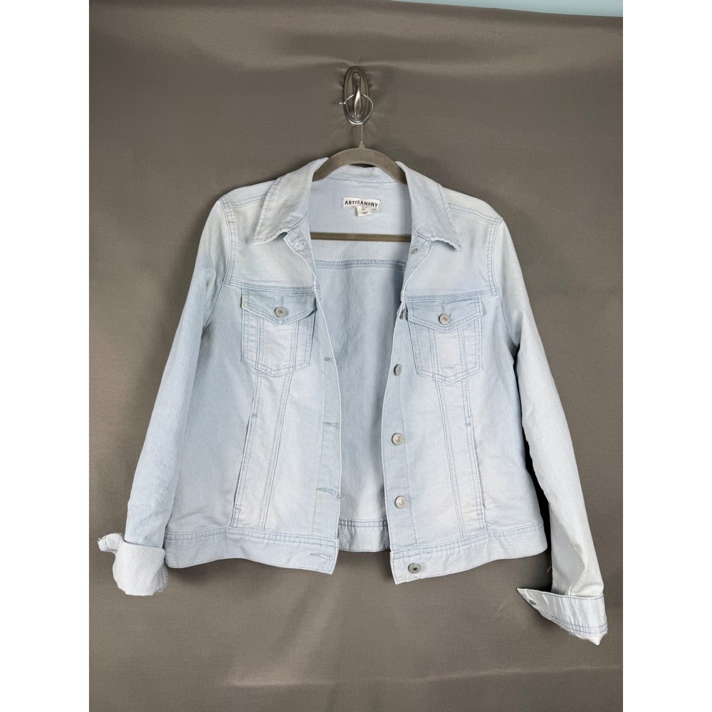 Artisan NY Pinstripe Denim Jacket Womens Large Light Blue White Stretch Trucker